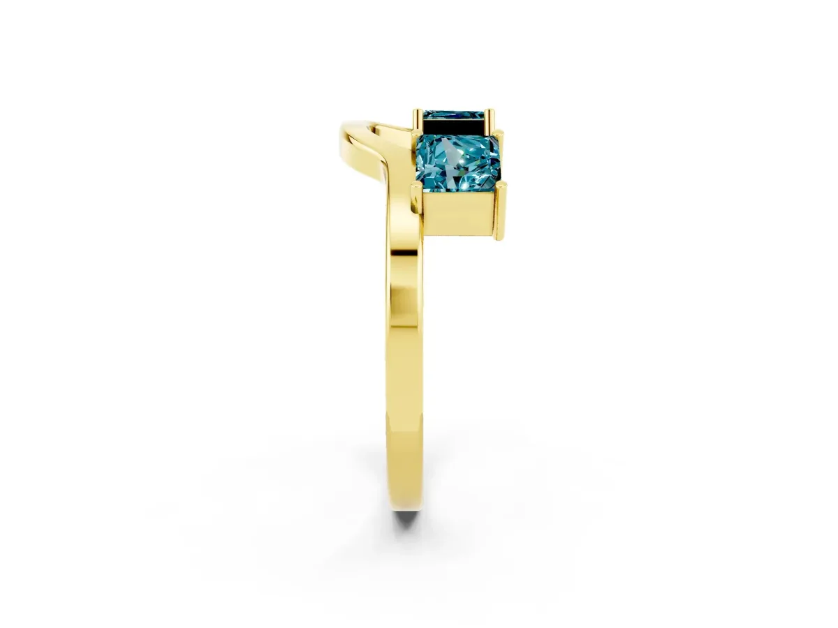 Princess Cut Blue Topaz Two-Stone Open Band Ring with Four-Prong Setting Yellow gold