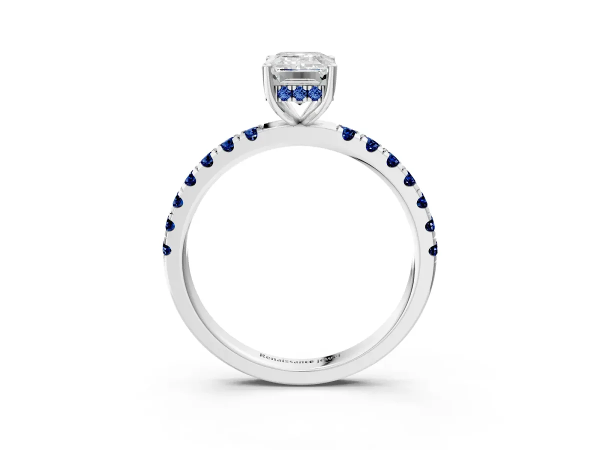 Emerald Cut Diamond Pave Band Solitaire Ring with Round Blue Sapphire and Prong Setting White gold
