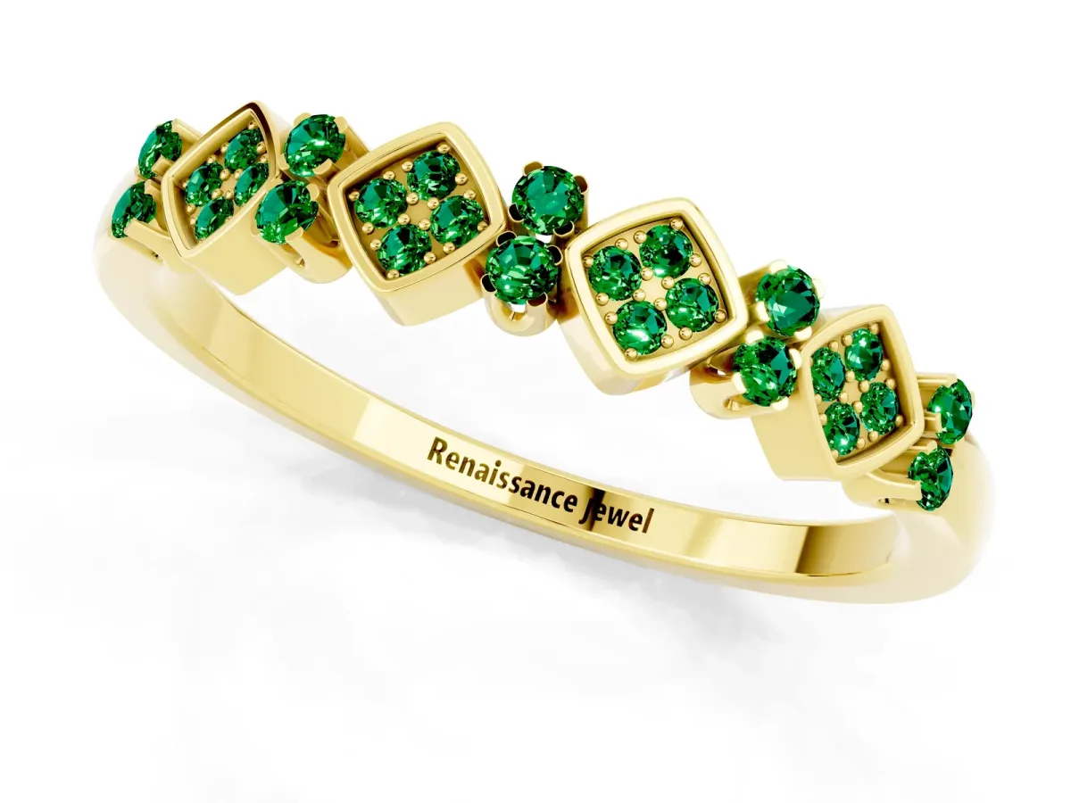 Pavé Cushion Emerald Cluster Eternity Band with Prong Setting Yellow gold