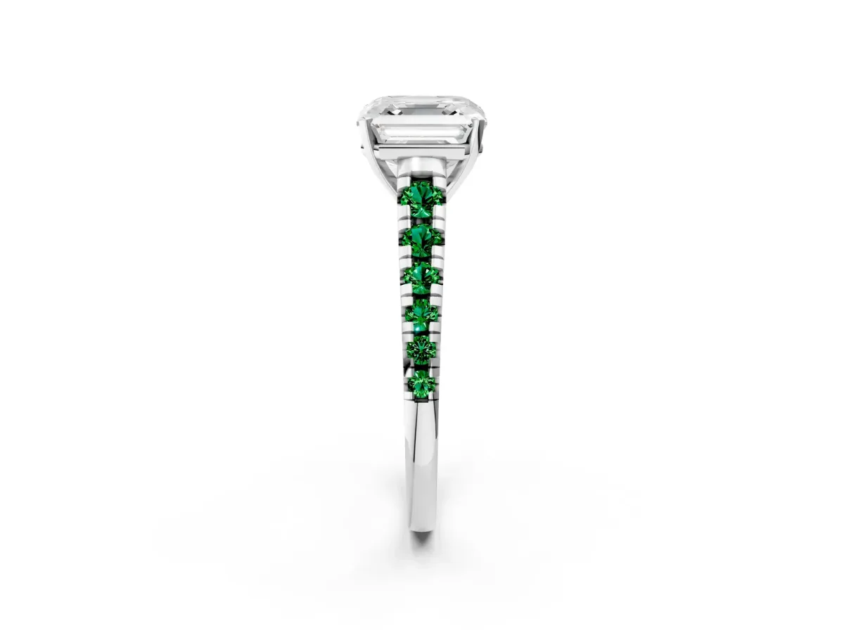 Asscher Cut Diamond Cathedral Solitaire Ring with Round Emerald Pavé Band White gold