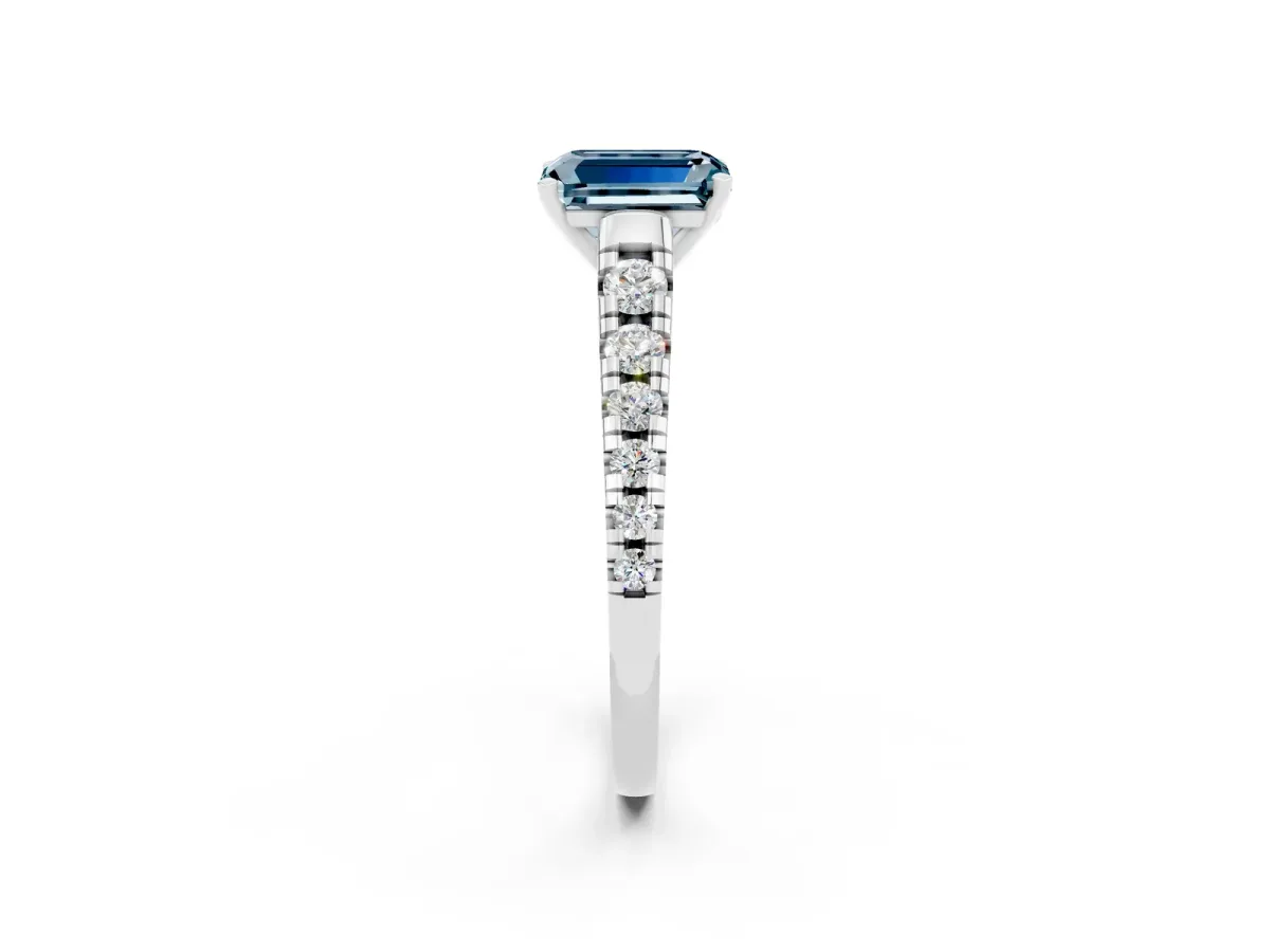 Emerald Cut Aquamarine Cathedral Solitaire Ring with Round Pavé Band Platinum