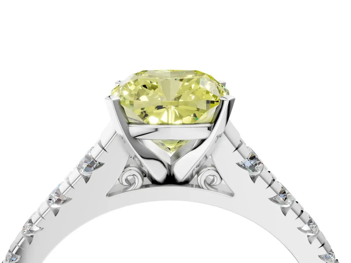 Fancy Yellow Cushion Cut Diamond Cathedral Solitaire Ring with Round Pavé Band White gold