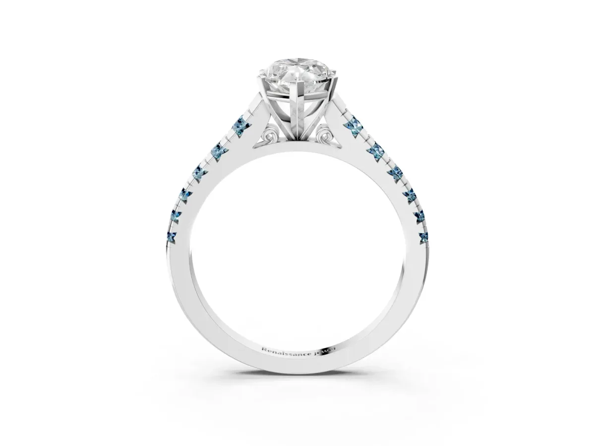 Marquise Cut Diamond Cathedral Solitaire Ring with Round Aquamarine Pavé Band Silver