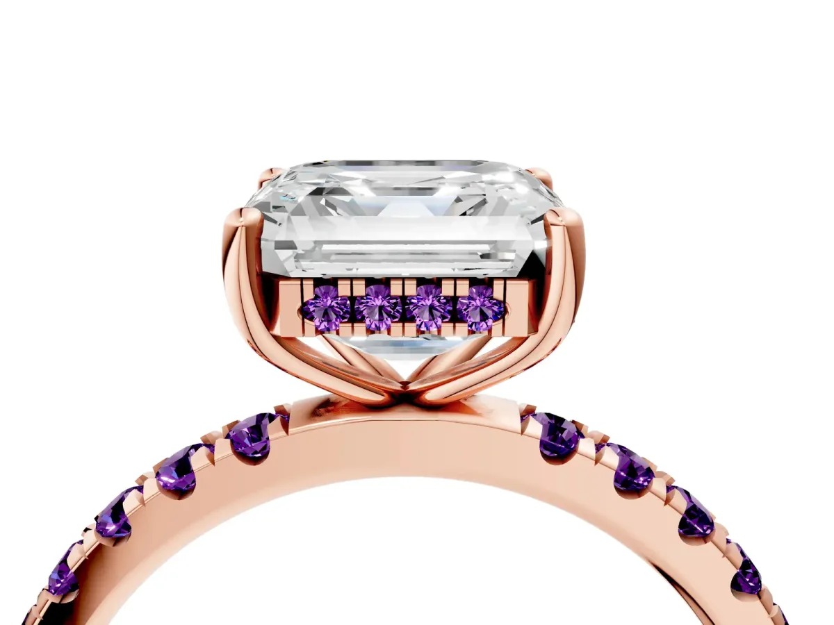 Asscher Cut Diamond Pave Band Solitaire Ring with Round Amethyst and Prong Setting Rose gold