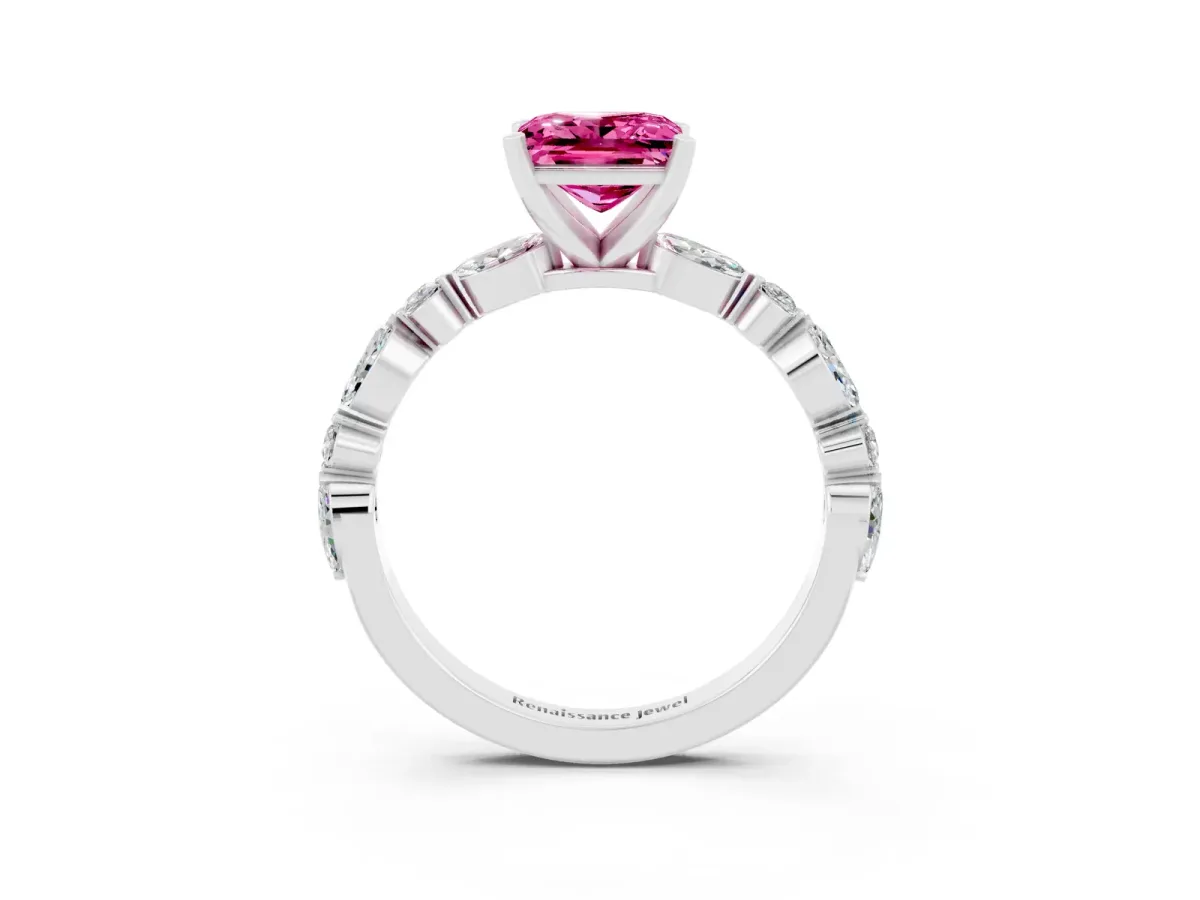 Princess Cut Pink Sapphire Ring with Marquise and Round Side Stones and Four-Prong Setting Platinum