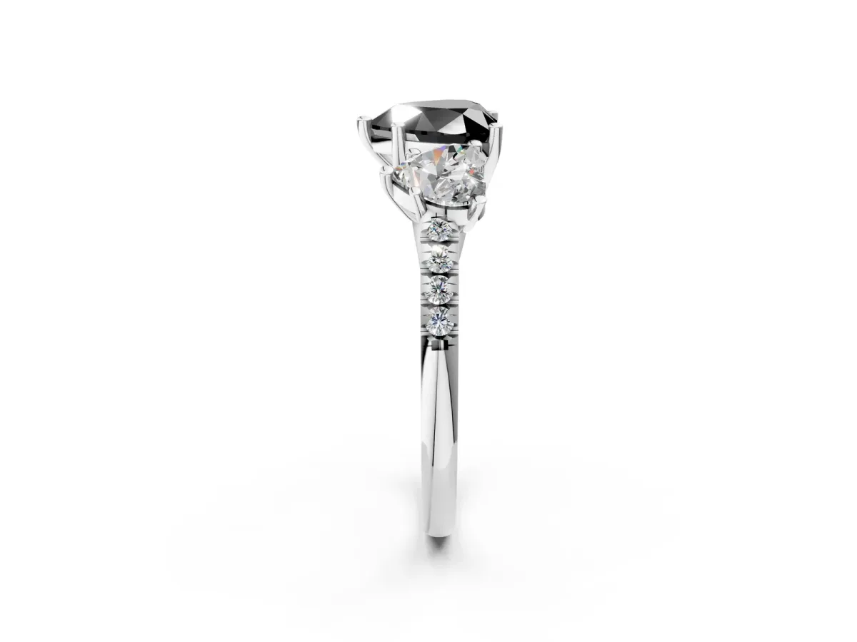 Fancy Black Three-Stone Heart Cut Diamond Ring with Round Pavé Band and Prong Setting Silver