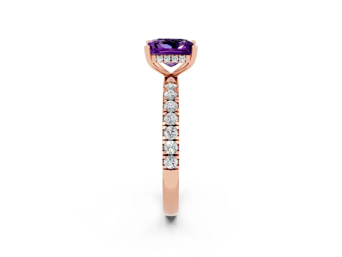 Princess Cut Amethyst Pave Band Solitaire Ring with Round and Prong Setting Rose gold