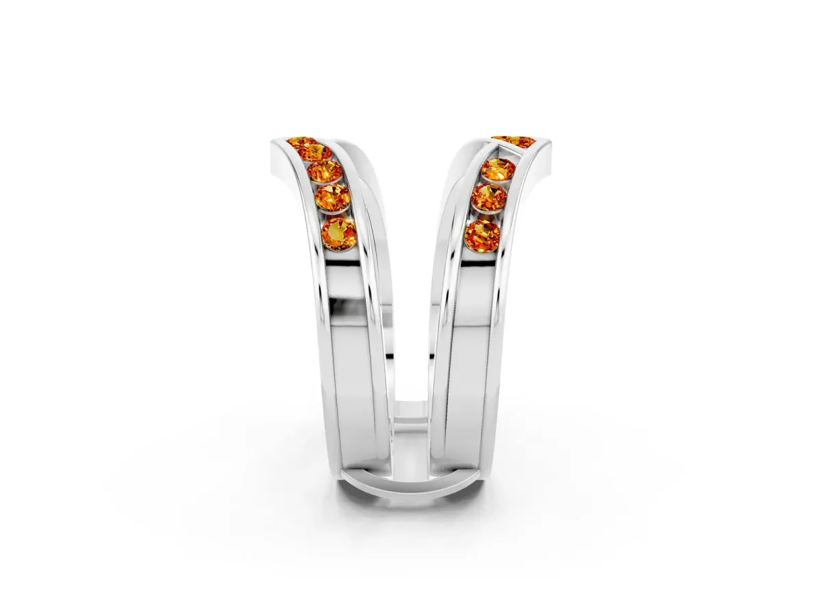 Round Citrine Channel-Set Chevron Band Silver