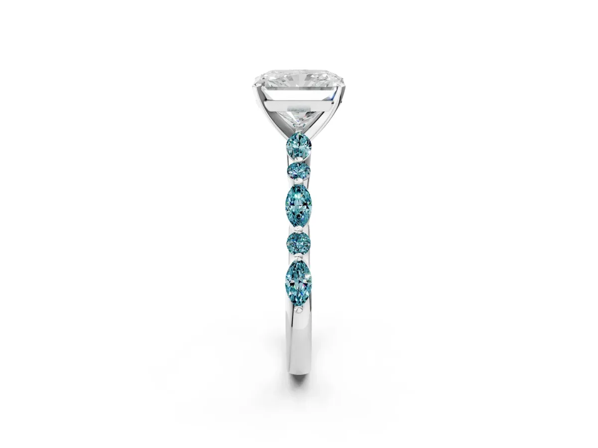 Radiant Cut Diamond Ring with Marquise and Round Blue Topaz Side Stones and Four-Prong Setting Platinum