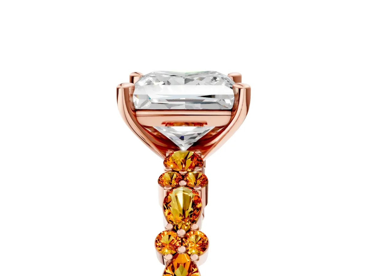 Princess Cut Diamond Side Stone Solitaire Ring with Round Citrine and Four-Prong Setting Rose gold