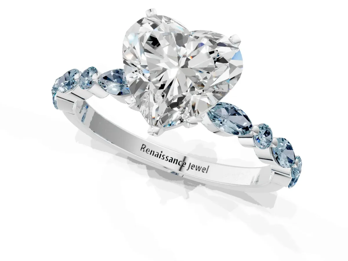 Heart Cut Diamond Ring with Marquise and Round Aquamarine Side Stones and Four-Prong Setting Silver