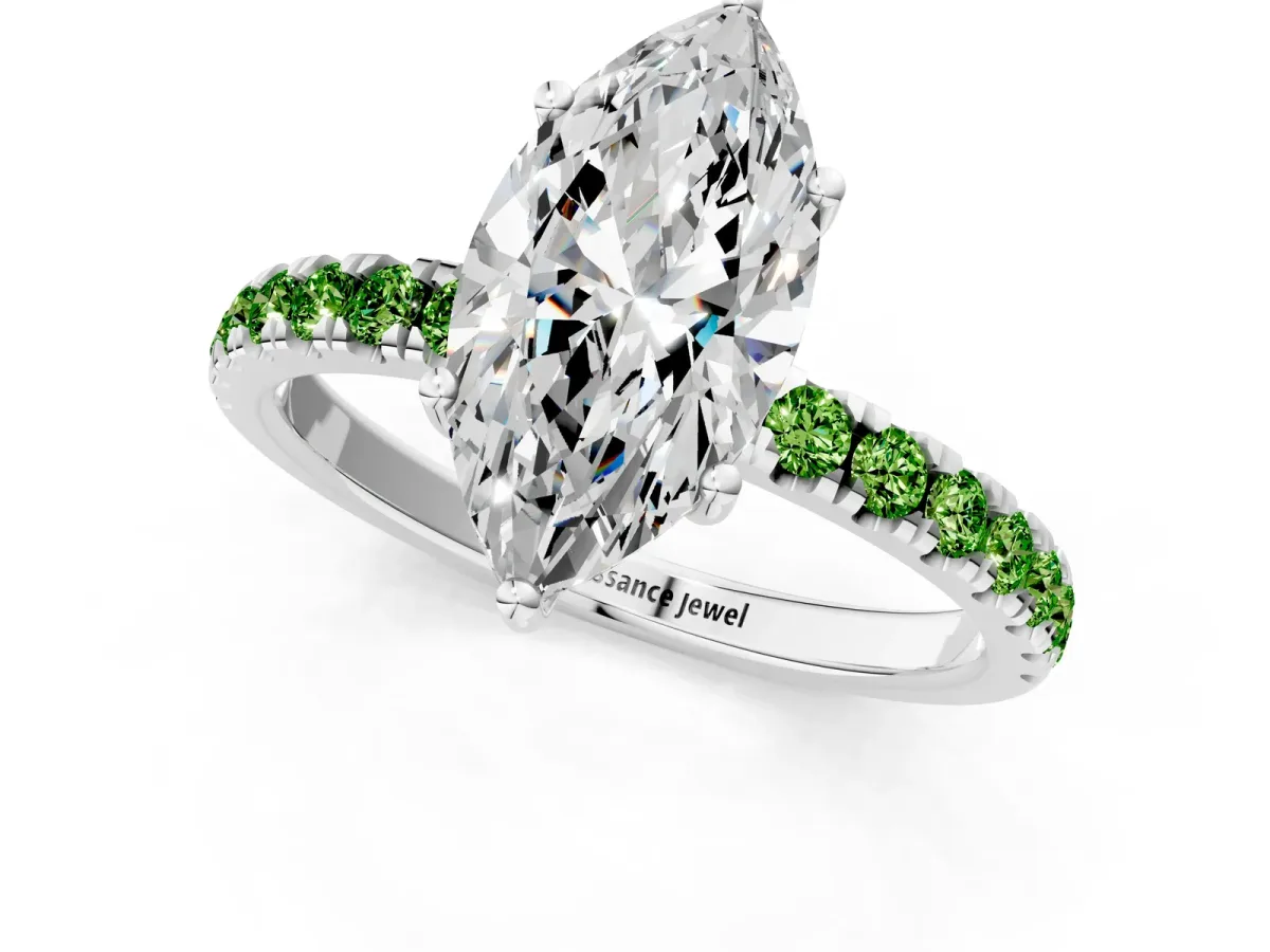 Marquise Cut Diamond Pave Band Solitaire Ring with Round Peridot and Prong Setting Platinum