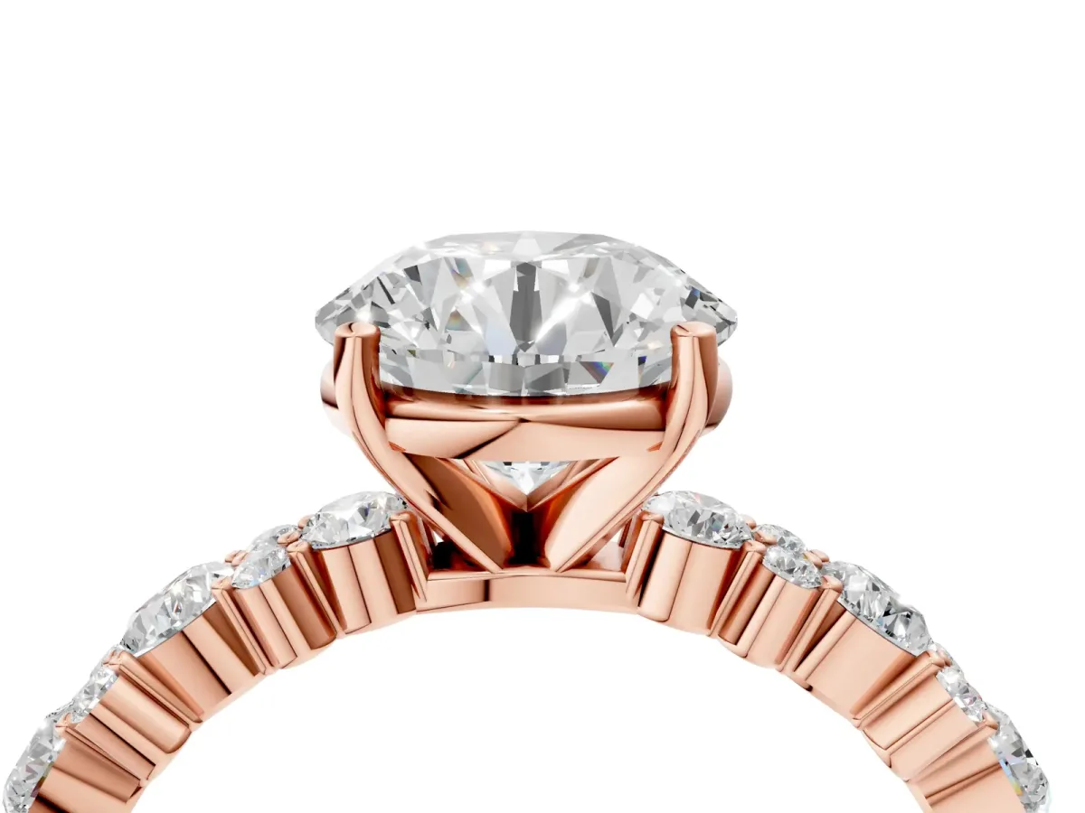 Round Cut Diamond Side Stone Solitaire Ring with Round Moissanite and Four-Prong Setting Rose gold