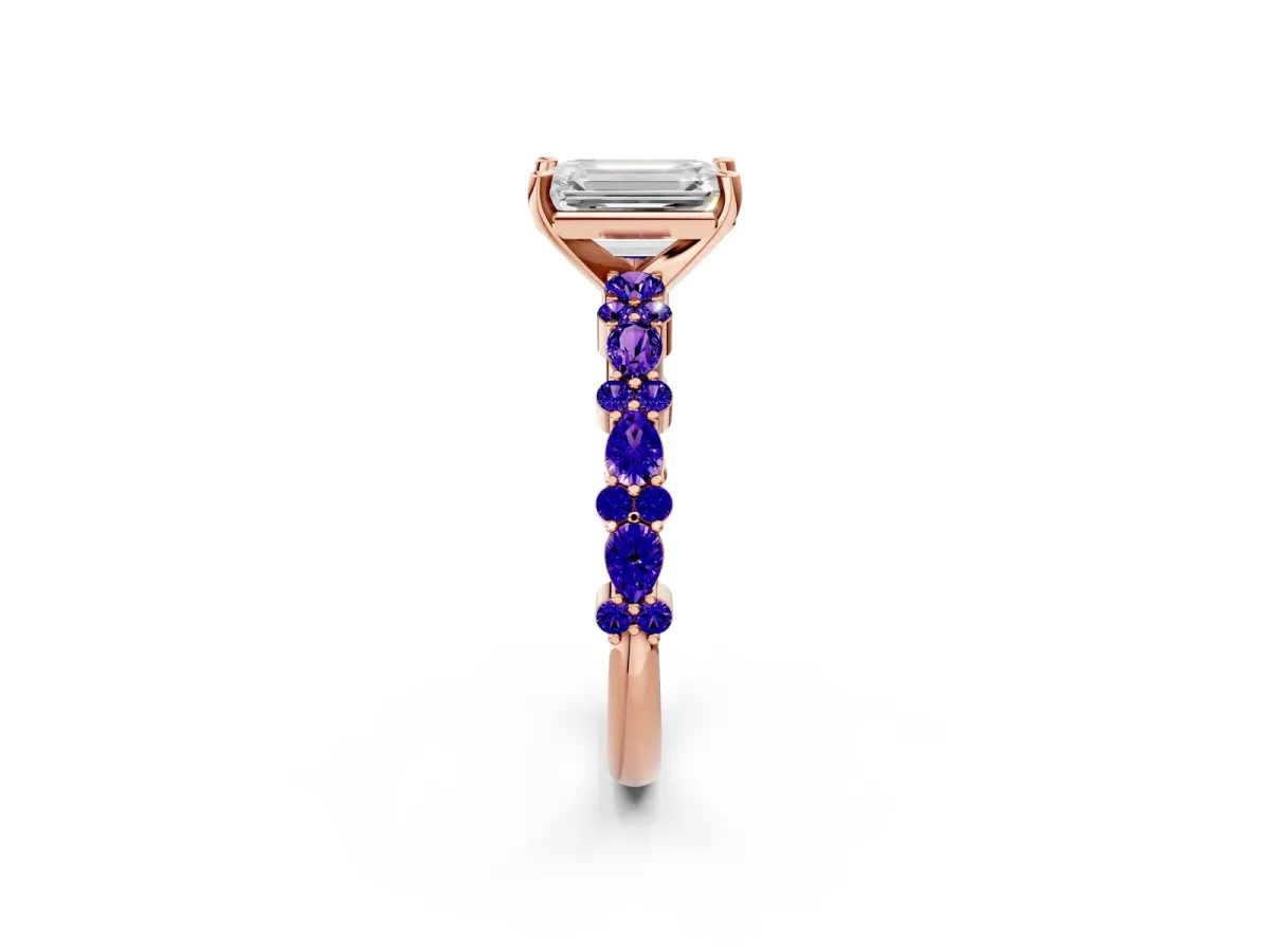 Emerald Cut Diamond Side Stone Solitaire Ring with Round Tanzanite and Four-Prong Setting Rose gold