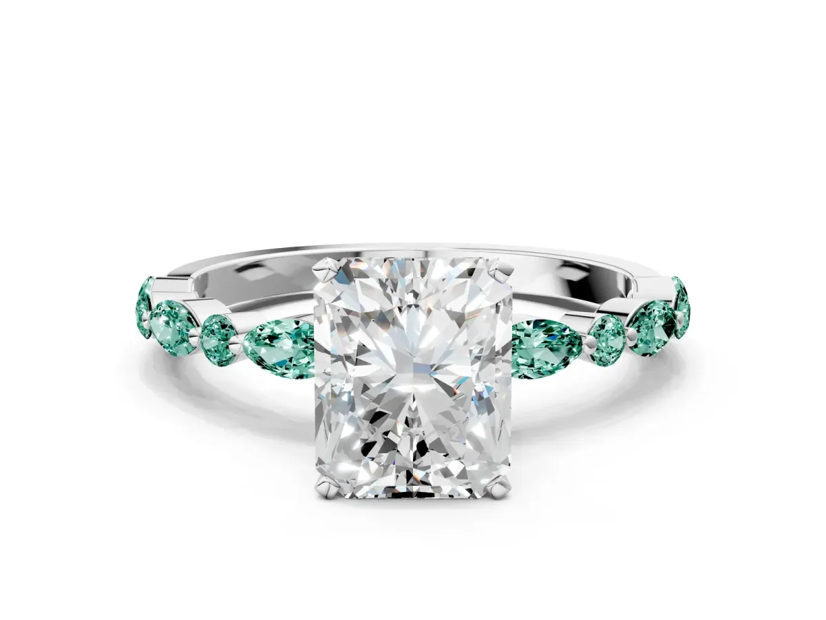 Radiant Cut Diamond Ring with Marquise and Round Green Sapphire Side Stones and Four-Prong Setting Silver