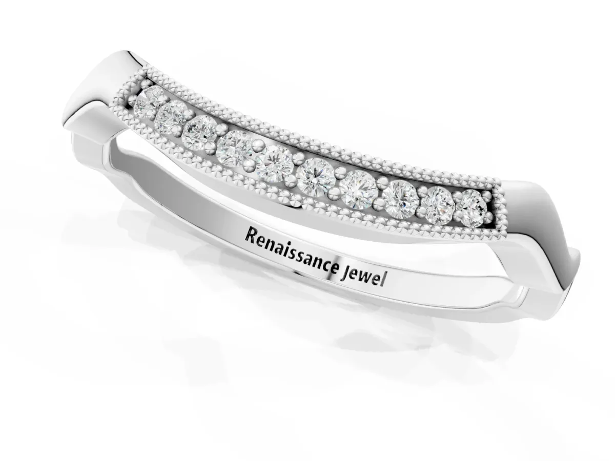 Milgrain Curved Diamond Pavé Band with Round Stones White gold