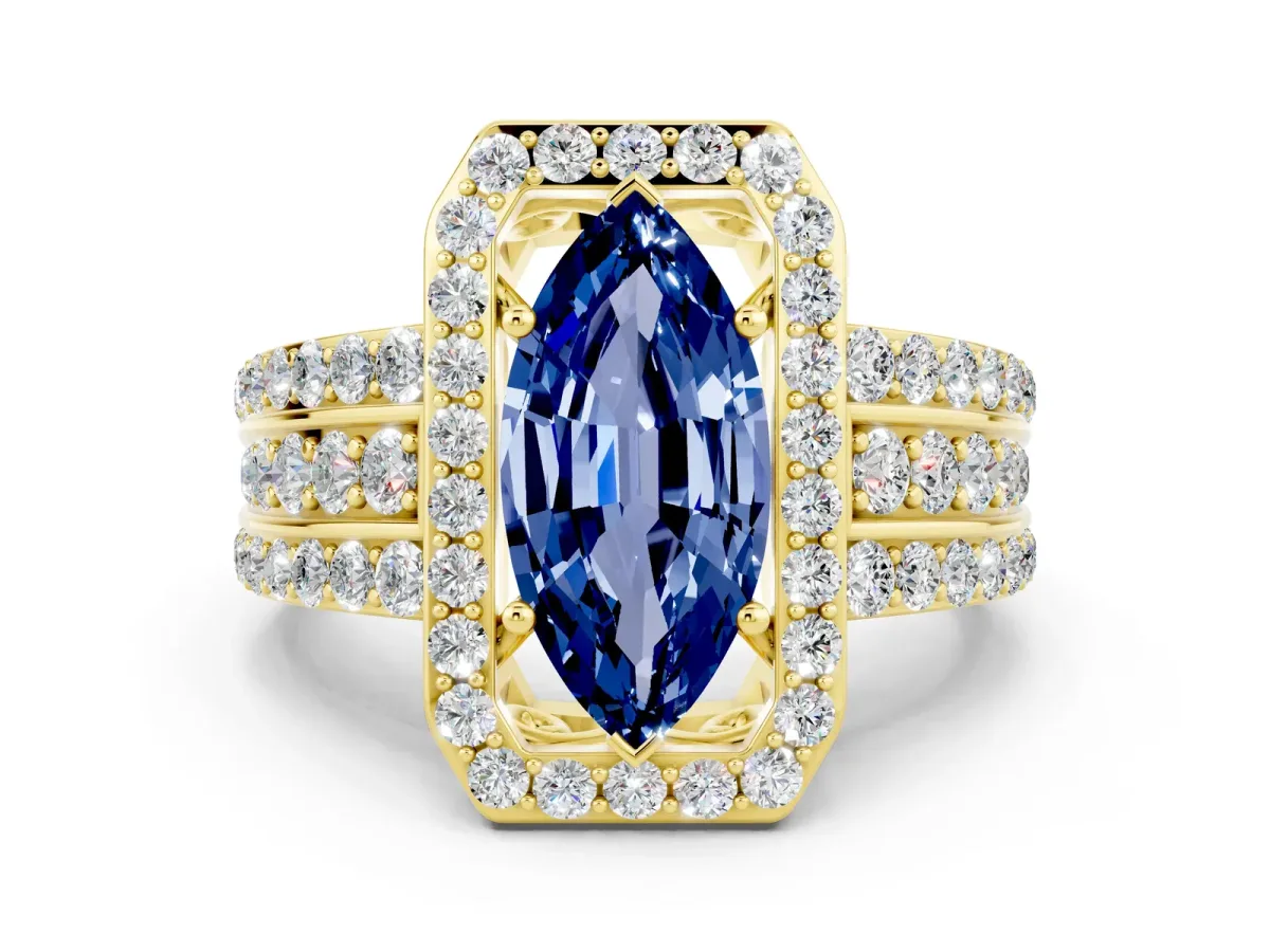 Marquise Cut Halo Blue Sapphire Ring with Round Split Shank and Prong Setting Yellow gold