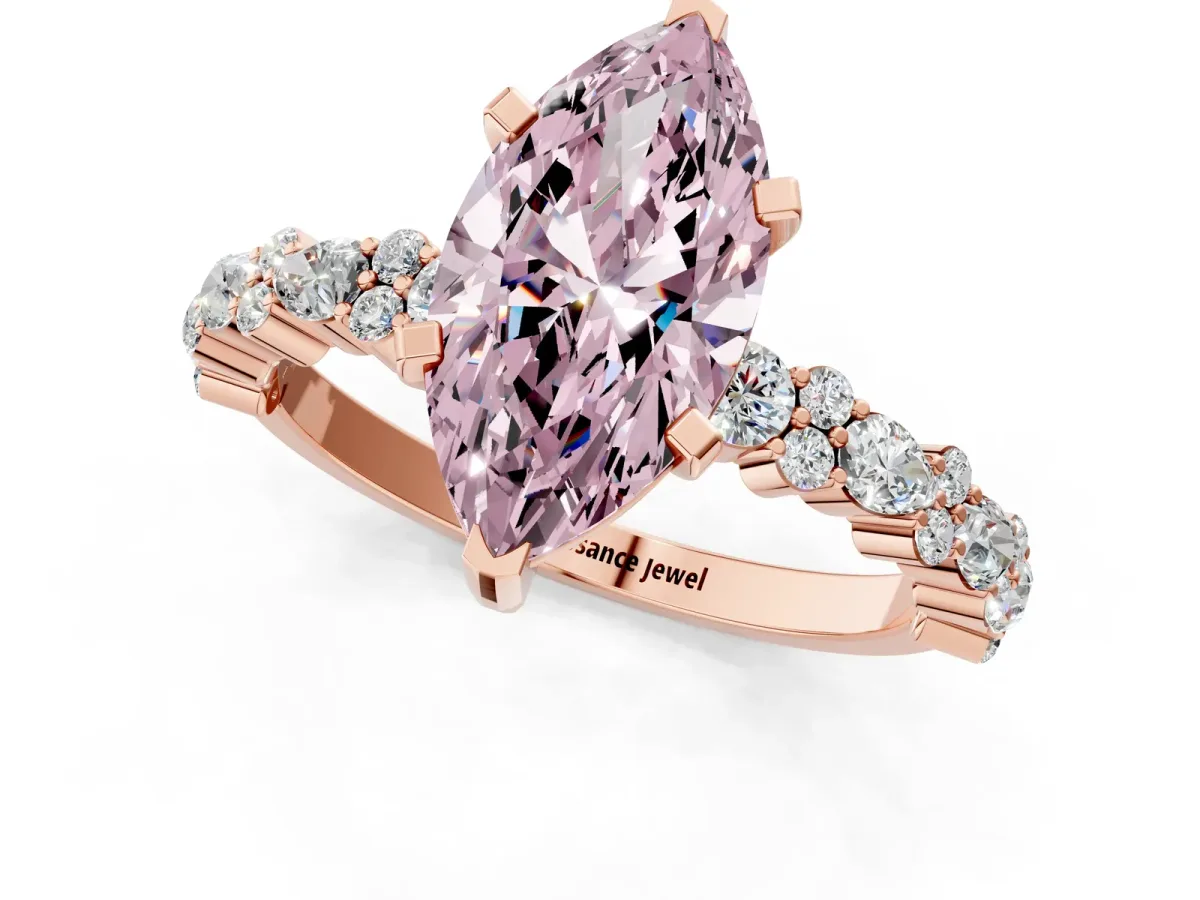 Fancy Pink Marquise Cut Diamond Side Stone Solitaire Ring with Round and Four-Prong Setting Rose gold