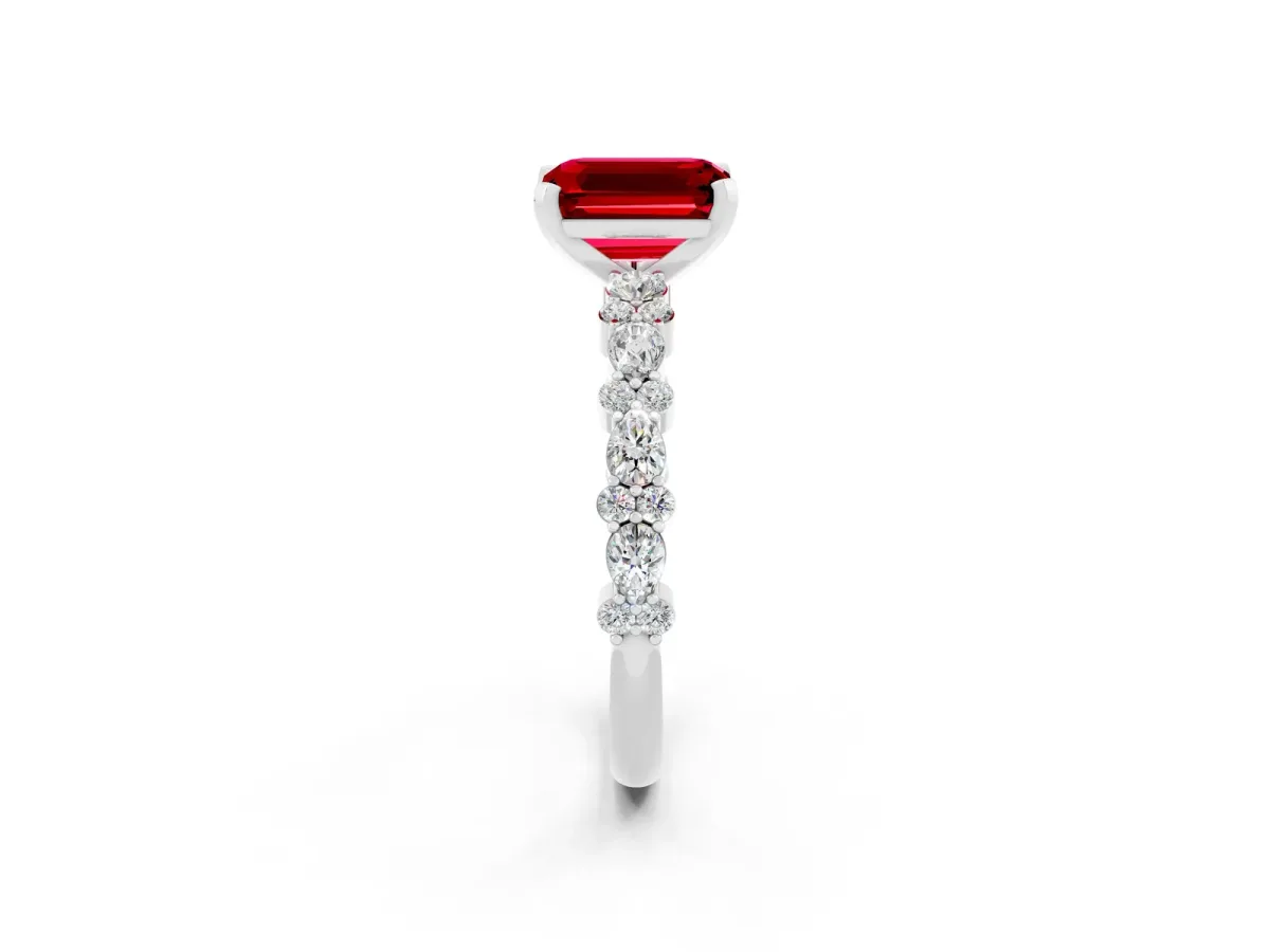 Emerald Cut Ruby Side Stone Solitaire Ring with Round and Four-Prong Setting White gold