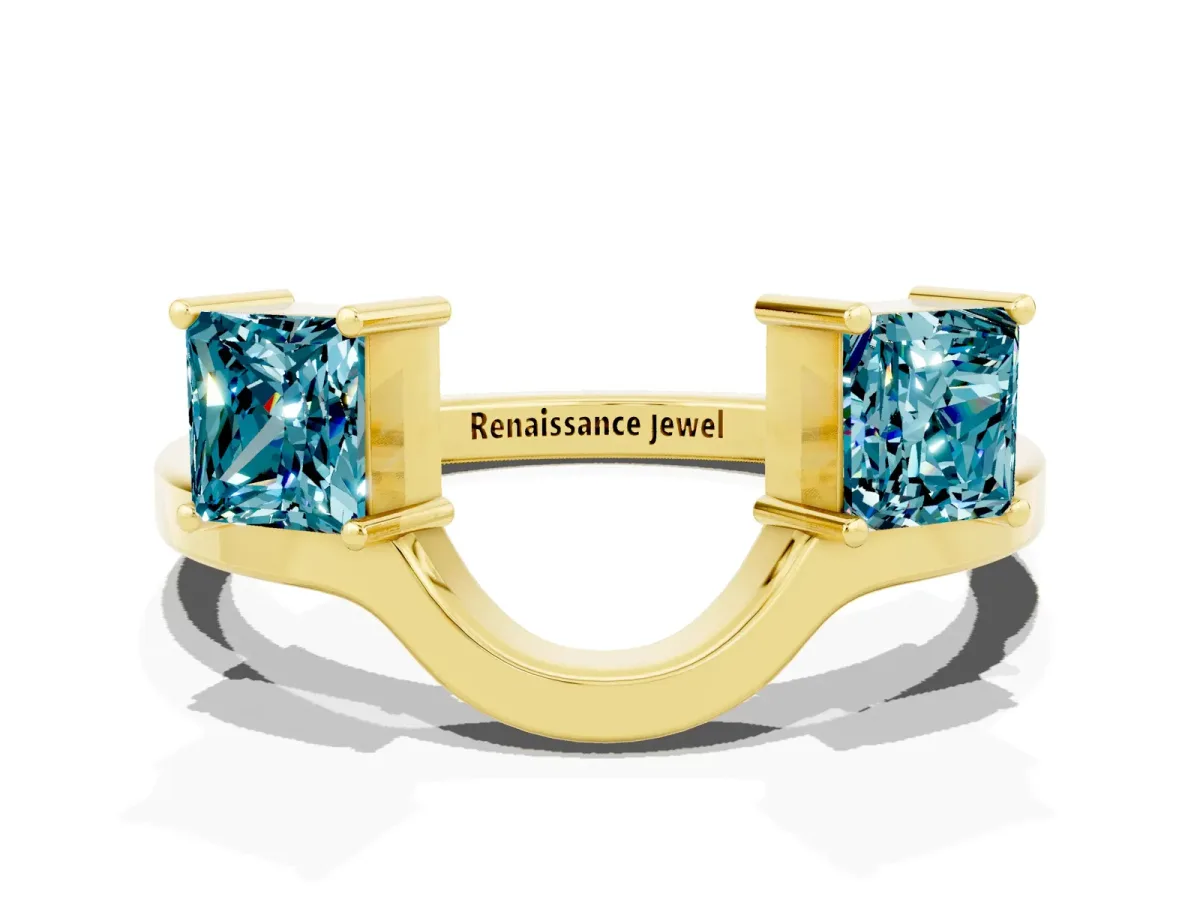 Princess Cut Blue Topaz Two-Stone Open Band Ring with Four-Prong Setting Yellow gold