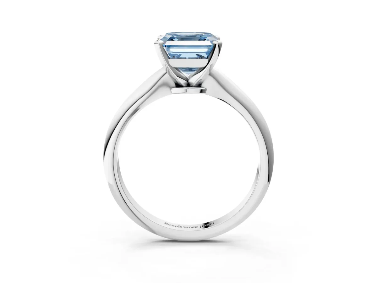 Fancy Blue Asscher Cut Diamond Solitaire Engagement Ring with Classic Band and Four-Prong Setting Platinum