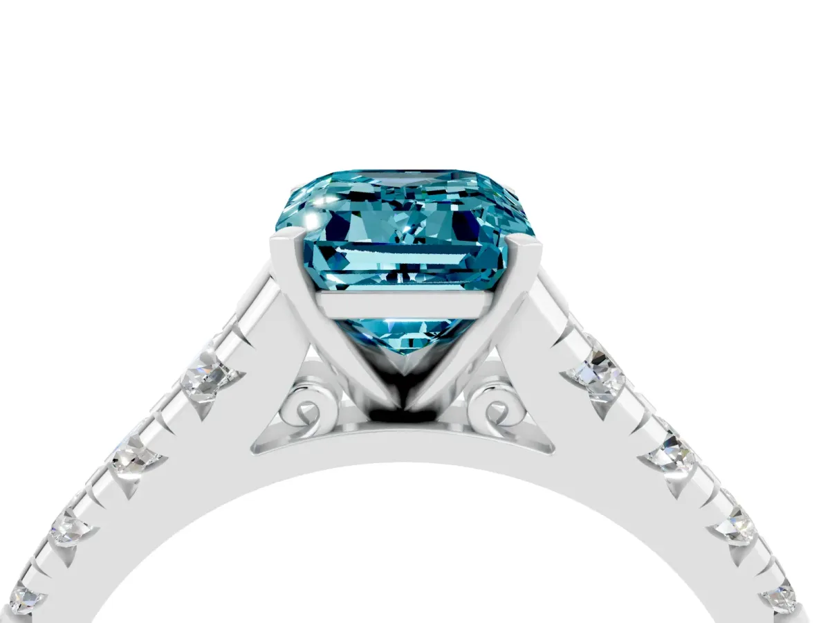 Emerald Cut Blue Topaz Cathedral Solitaire Ring with Round Pavé Band Platinum