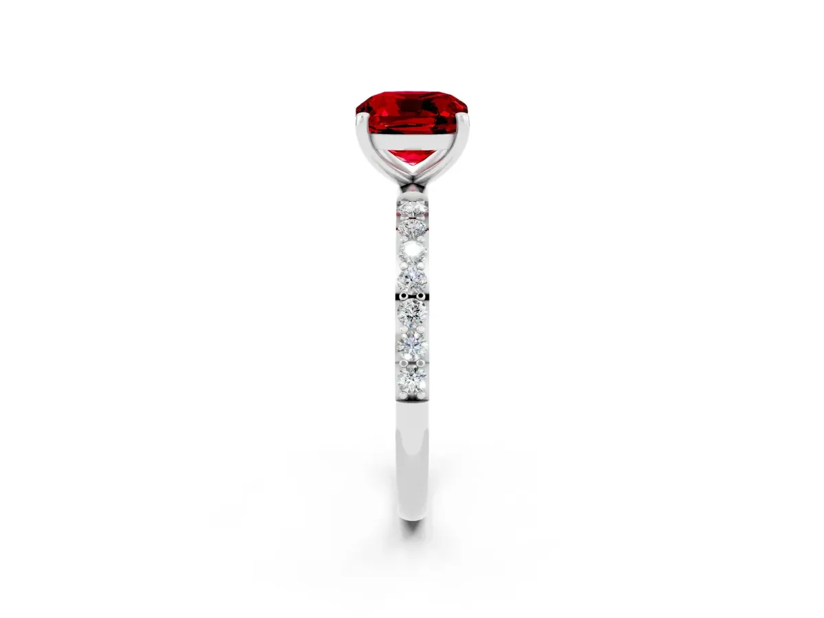 Cushion Cut Ruby Solitaire Ring with Round Pavé Band and Prong Setting White gold