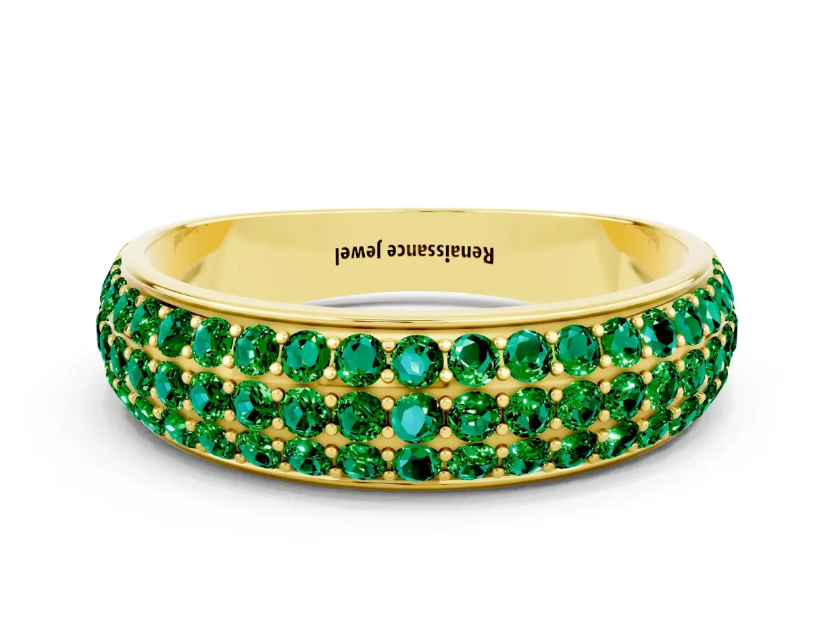Three-Row Round Emerald Eternity Band with Shared Prong Setting Yellow gold