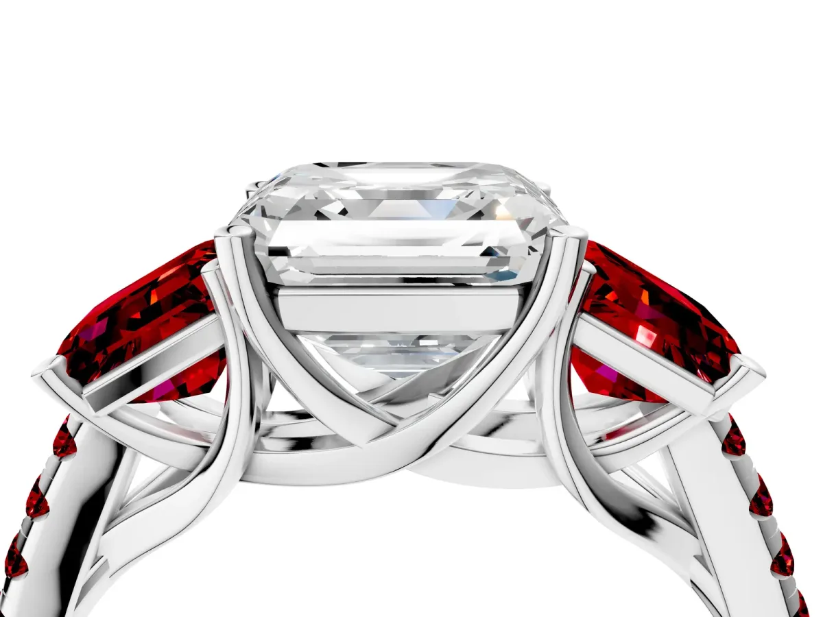 Three-Stone Asscher Cut Diamond Ring with Round Ruby Pavé Band and Prong Setting White gold