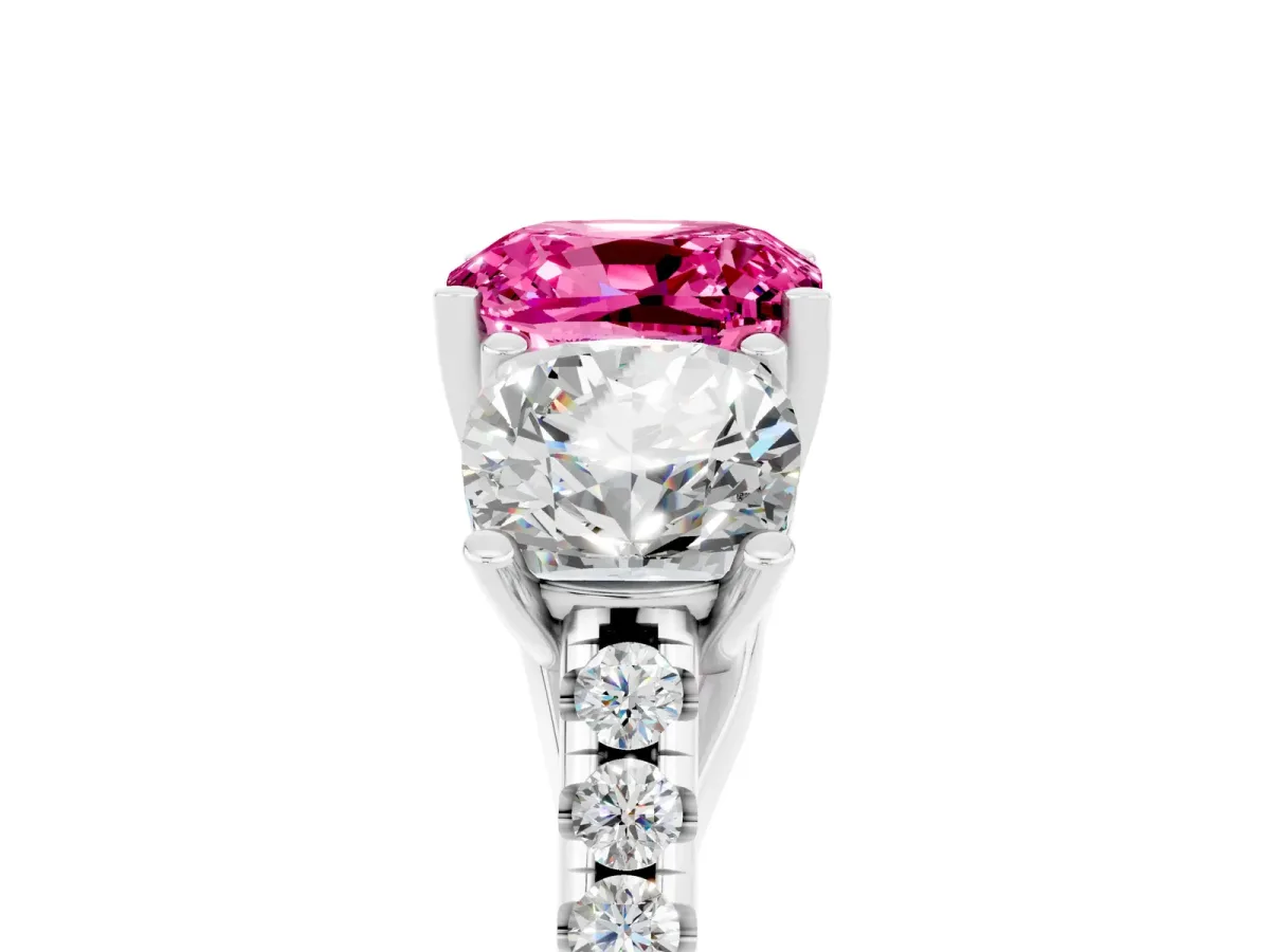 Three-Stone Cushion Cut Pink Sapphire Ring with Round Pavé Band and Prong Setting Platinum