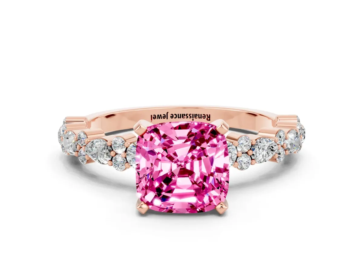Cushion Cut Pink Sapphire Side Stone Solitaire Ring with Round and Four-Prong Setting Rose gold