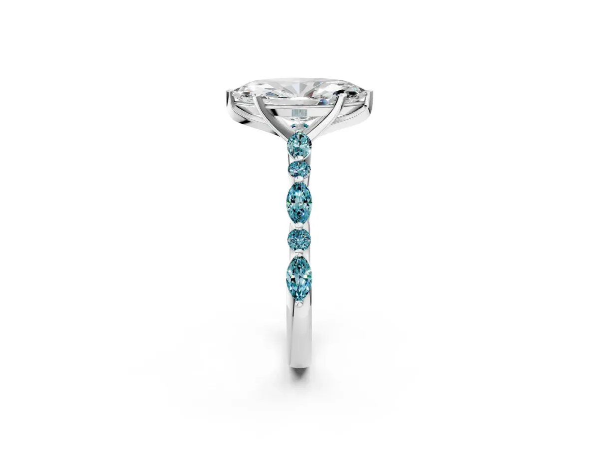 Marquise Cut Diamond Ring with Marquise and Round Blue Topaz Side Stones and Four-Prong Setting Platinum