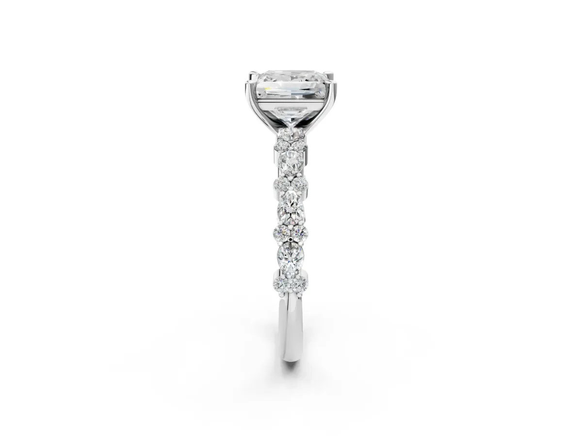 Princess Cut Diamond Side Stone Solitaire Ring with Round Moissanite and Four-Prong Setting Platinum