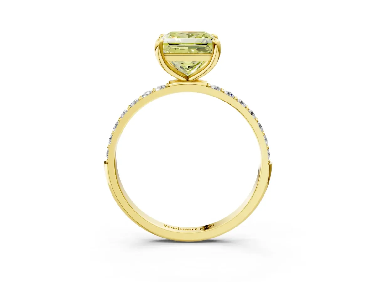 Fancy Yellow Princess Cut Diamond Solitaire Ring with Round Pavé Band and Prong Setting Yellow gold
