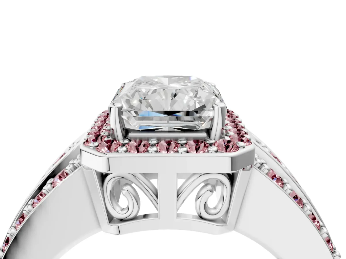 Radiant Cut Halo Diamond Ring with Round Morganite Split Shank and Prong Setting Platinum