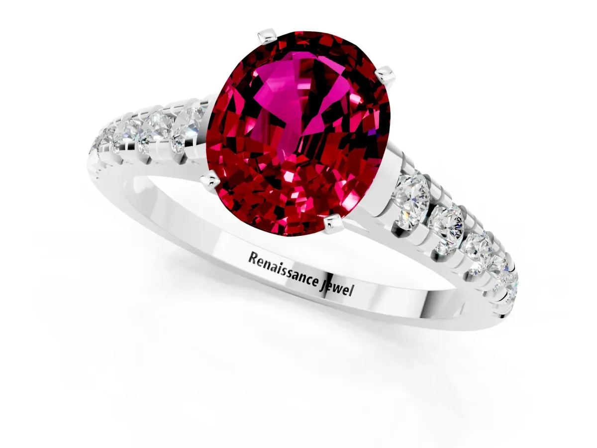 Oval Cut Garnet Cathedral Solitaire Ring with Round Pavé Band Silver