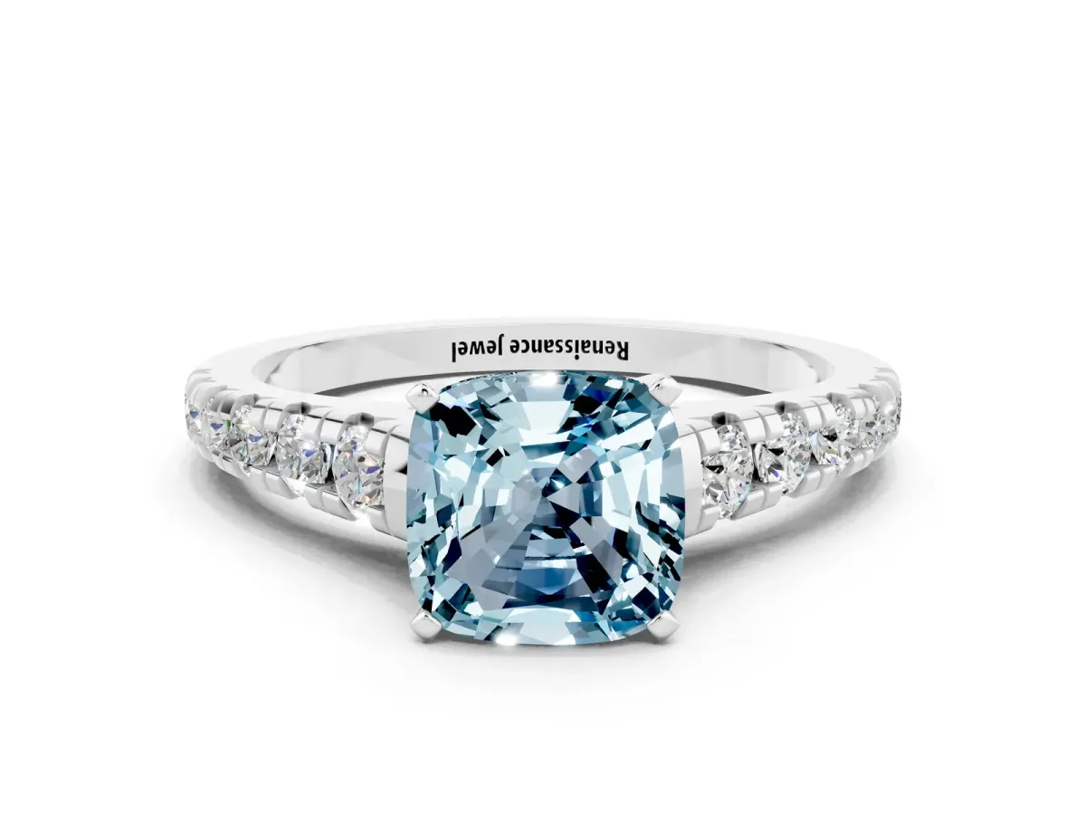 Cushion Cut Aquamarine Cathedral Solitaire Ring with Round Pavé Band Silver