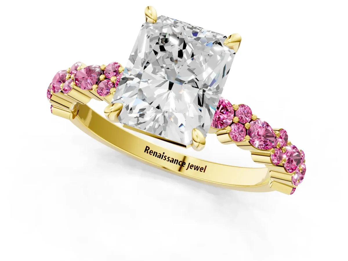Radiant Cut Diamond Side Stone Solitaire Ring with Round Pink Sapphire and Four-Prong Setting Yellow gold