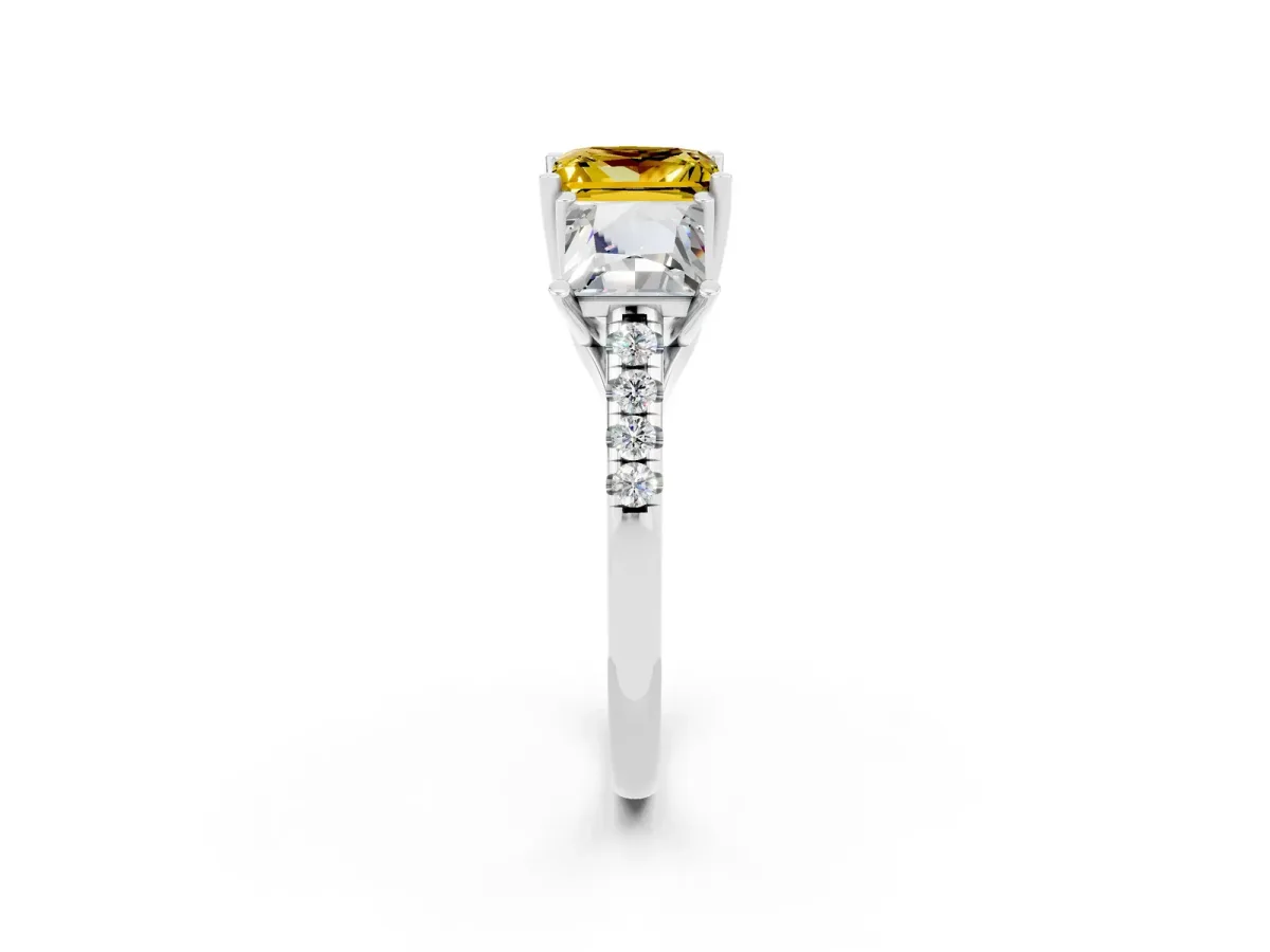 Three-Stone Princess Cut Yellow Sapphire Ring with Round Pavé Band and Prong Setting Silver