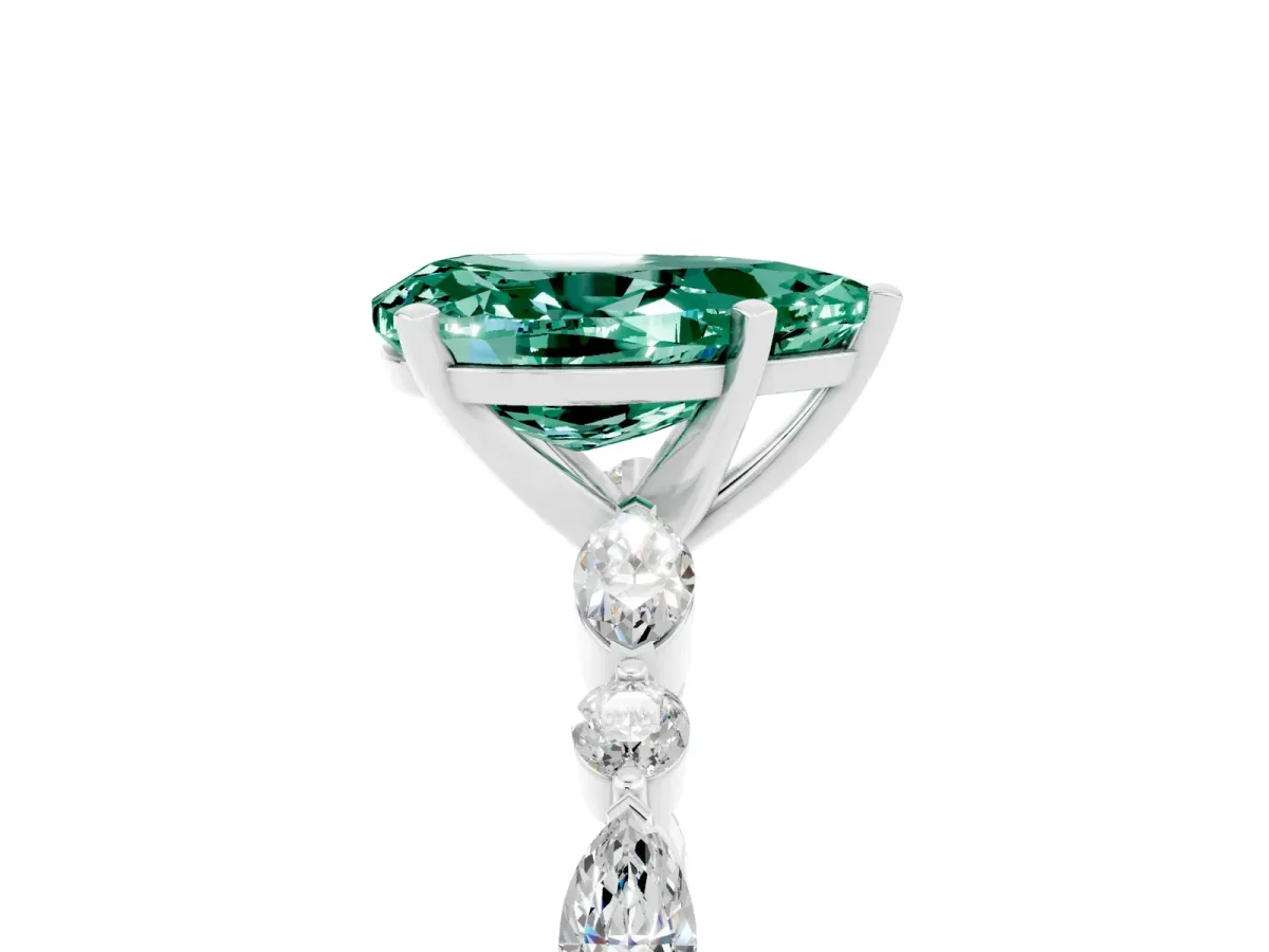 Pear Cut Green Sapphire Ring with Marquise and Round Side Stones and Four-Prong Setting Platinum