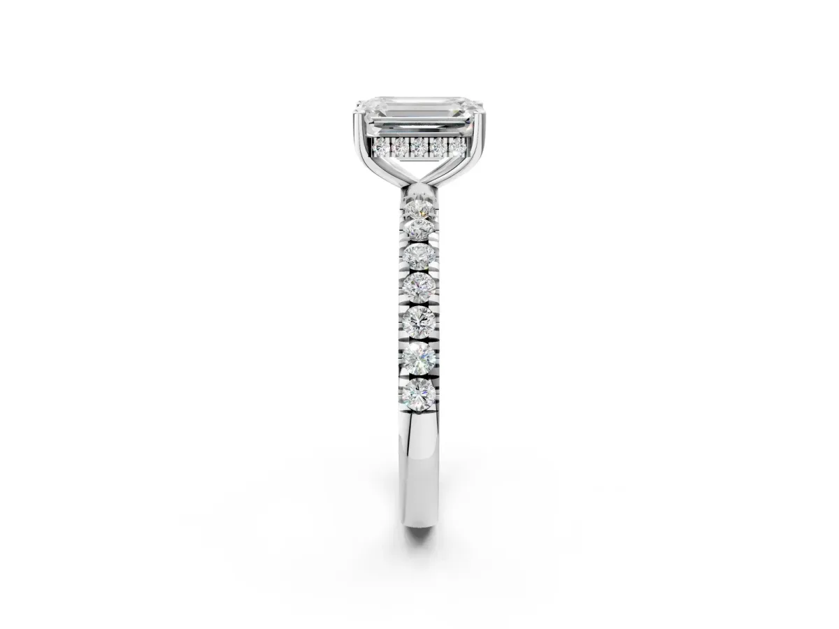 Emerald Cut Diamond Pave Band Solitaire Ring with Round Moissanite and Prong Setting White gold