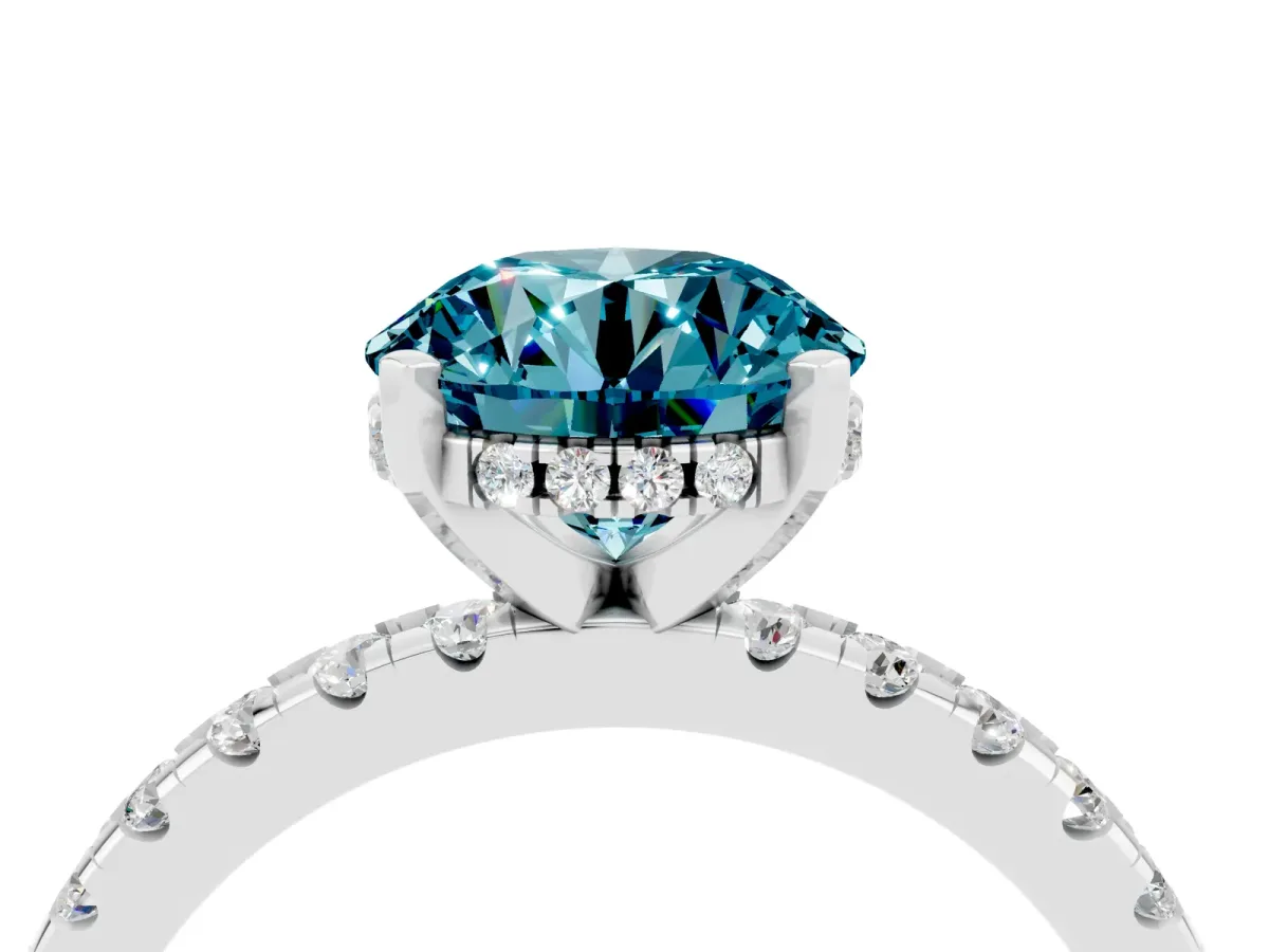 Round Cut Blue Topaz Solitaire Ring with Round Pavé Band and Four-Prong Setting Platinum