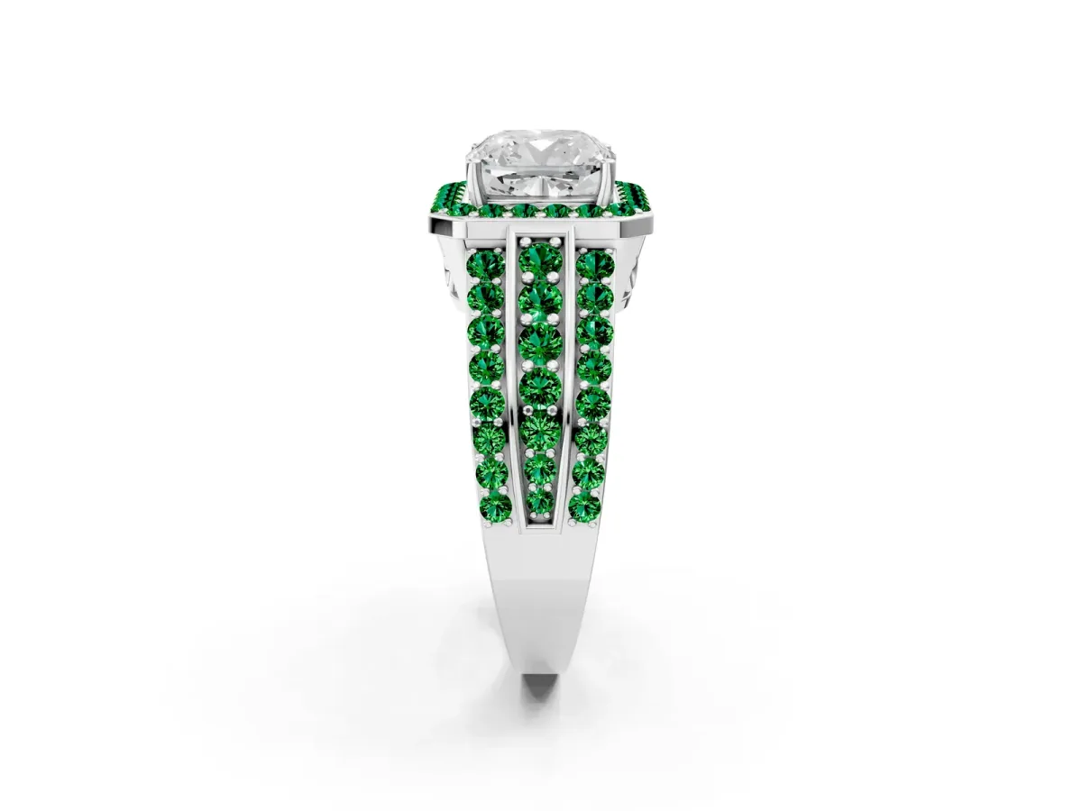 Cushion Cut Halo Diamond Ring with Round Emerald Split Shank and Prong Setting White gold