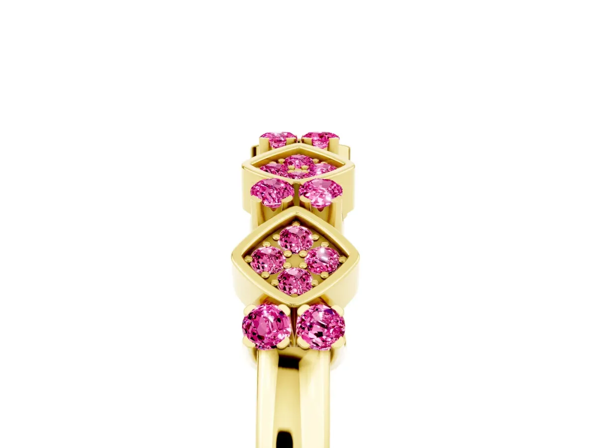Pavé Cushion Pink Sapphire Cluster Eternity Band with Prong Setting Yellow gold