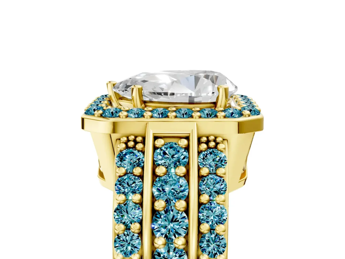 Pear Cut Halo Diamond Ring with Round Blue Topaz Split Shank and Prong Setting Yellow gold