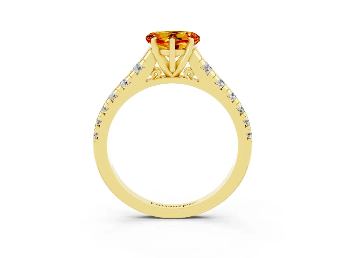 Heart Cut Citrine Cathedral Solitaire Ring with Round Pavé Band Yellow gold