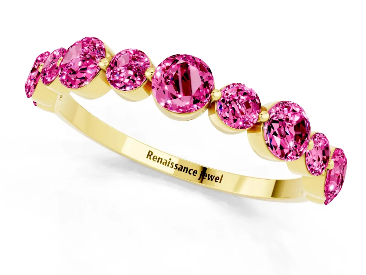 Round Pink Sapphire Scalloped Prong Set Eternity Band Yellow gold