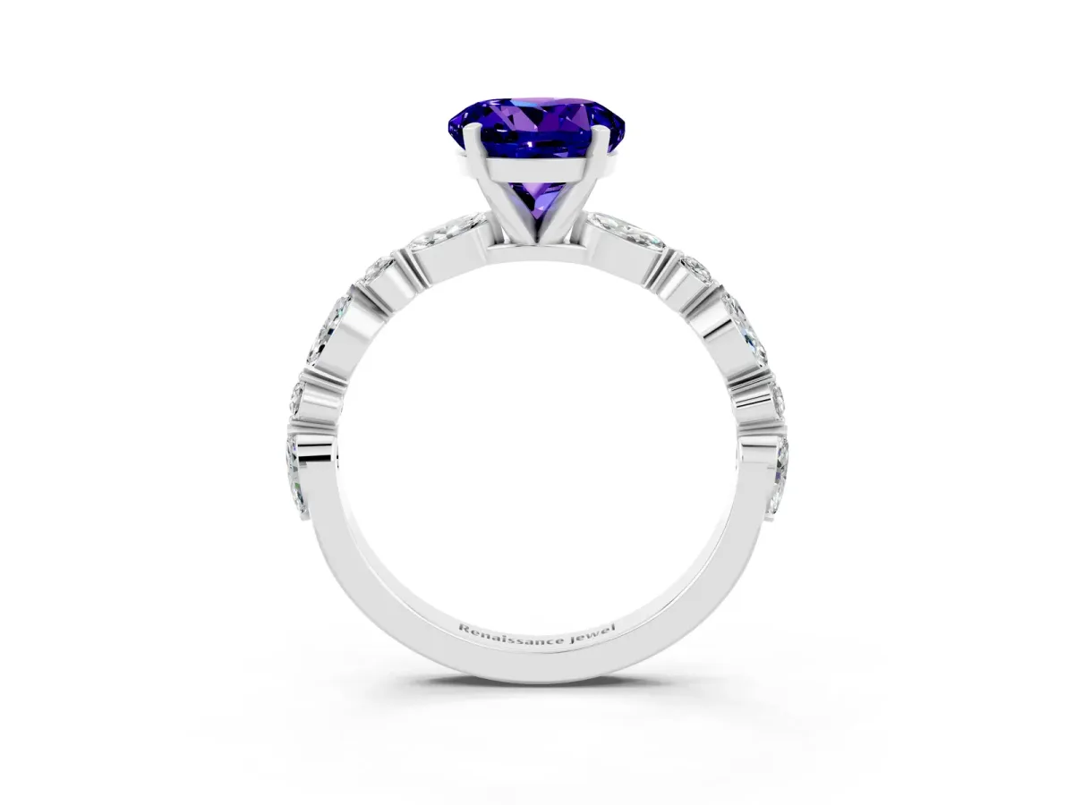 Round Cut Tanzanite Ring with Marquise and Round Side Stones and Four-Prong Setting Platinum
