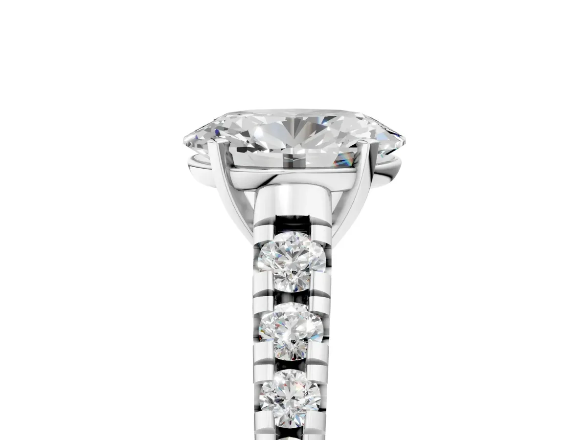 Oval Cut Diamond Cathedral Solitaire Ring with Round Moissanite Pavé Band White gold