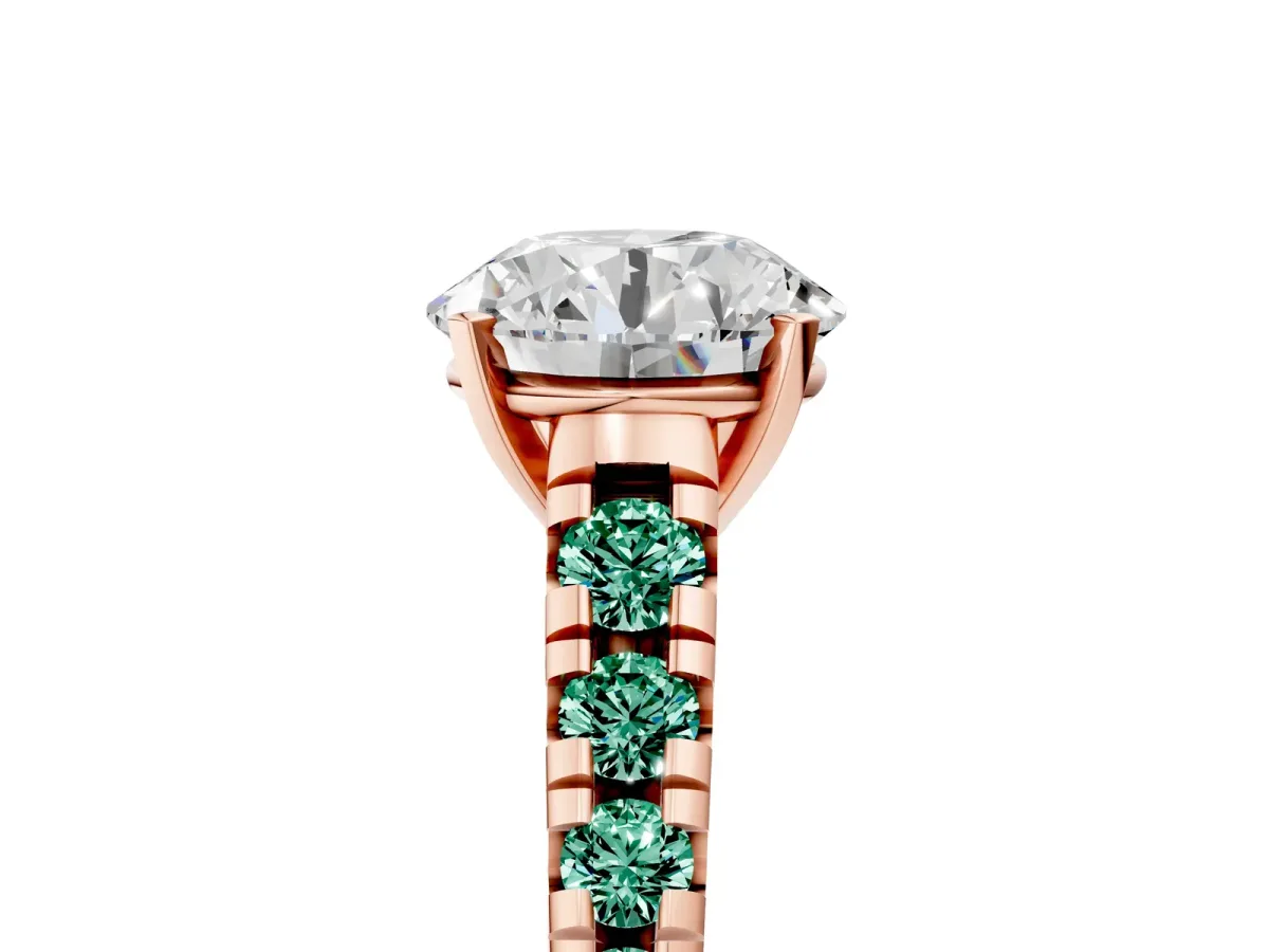 Round Cut Diamond Cathedral Solitaire Ring with Round Green Sapphire Pavé Band Rose gold